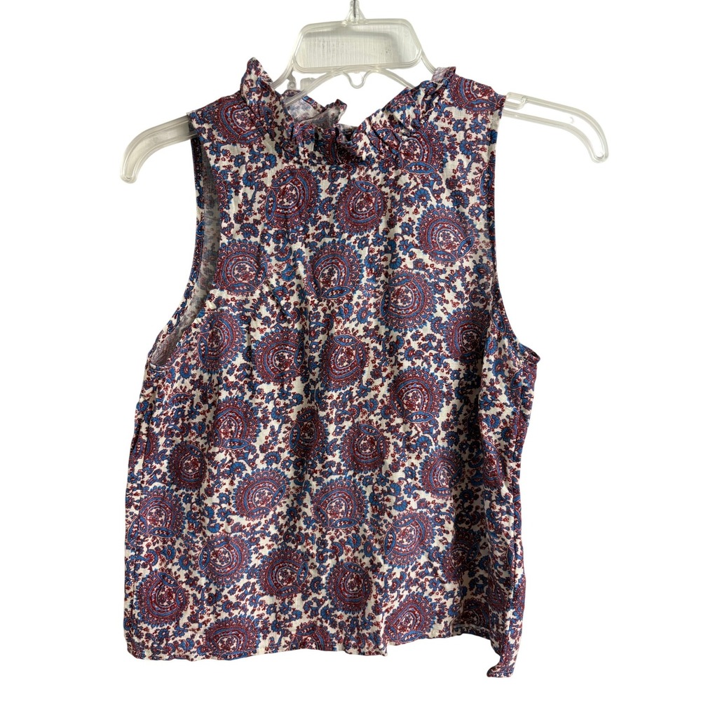 J.Crew Women XS Red Blue Paisley Linen Ruffle Cottagecore Sleeveless Top NWT